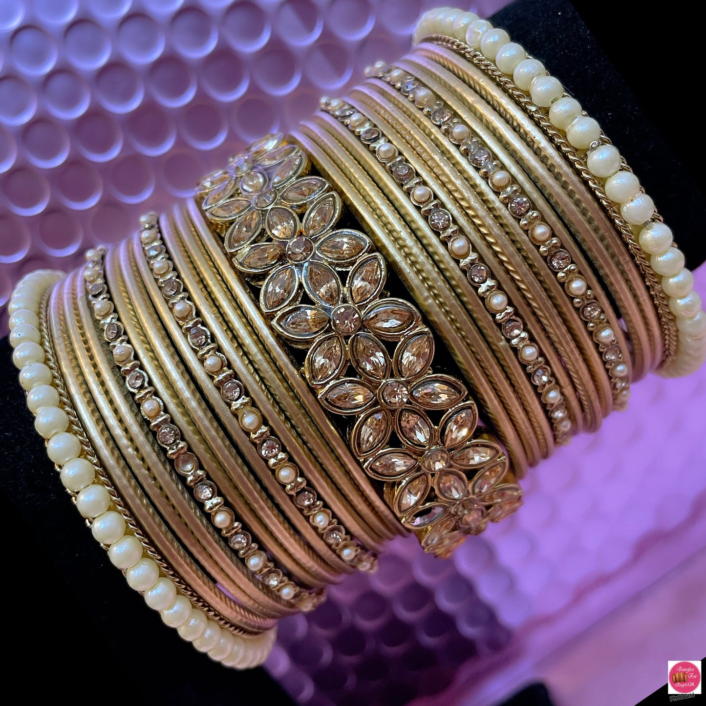 Kundan Pearl Gold Metal Bangles Set