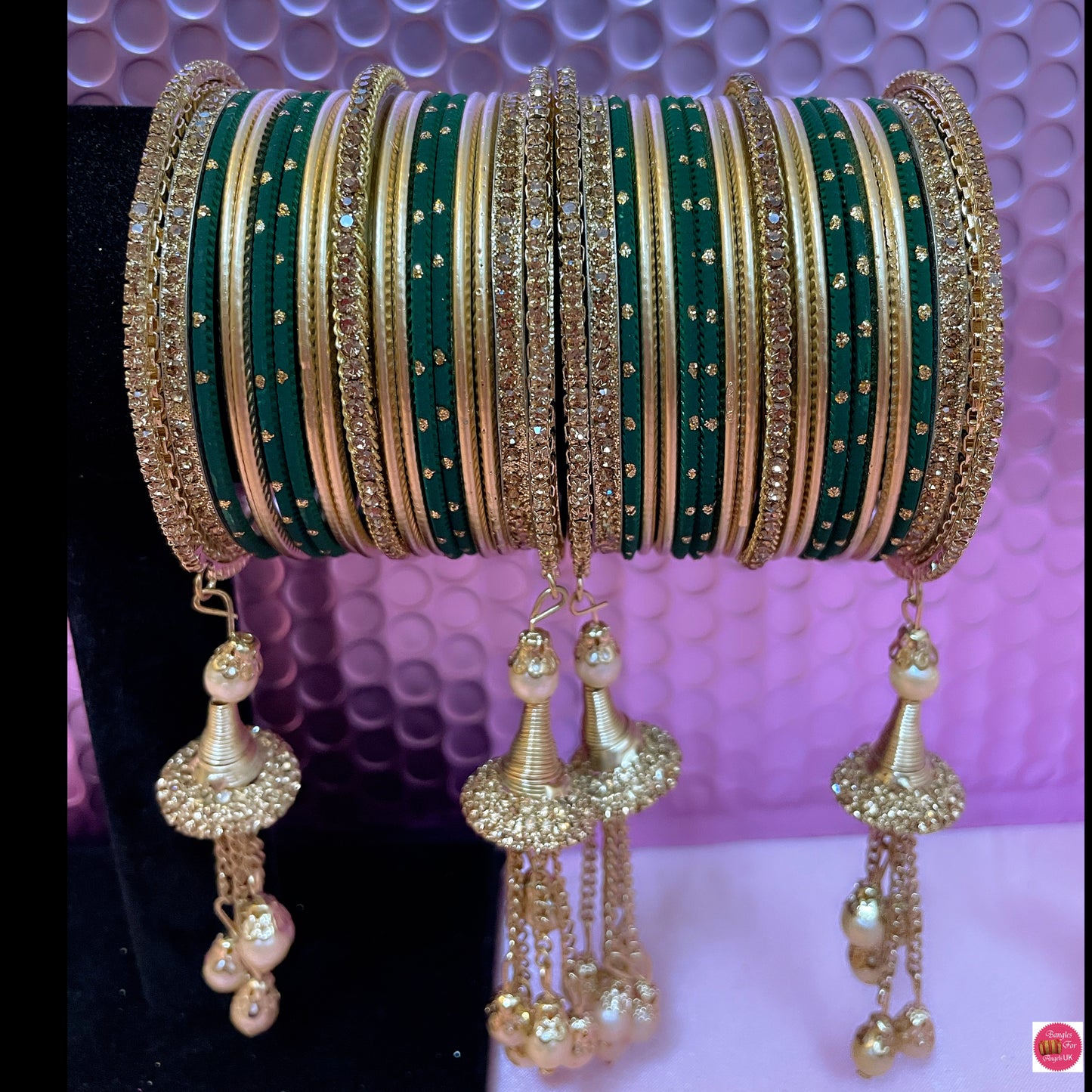 Gold Zirconia Pearl Hanging Metal Bangles Set- Green