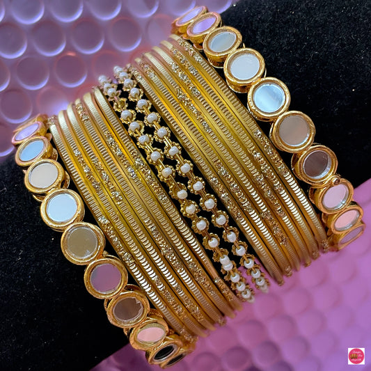 Mirror Style Pearl Metal Bangles Set- Gold