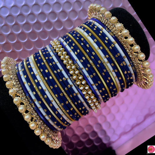 Pearl Zirconia Metal Bangles Set- Blue