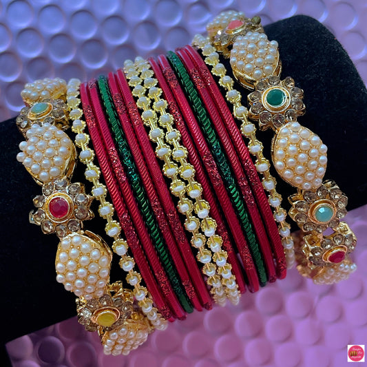 Pearl Metal Bangles Set- Red/Green