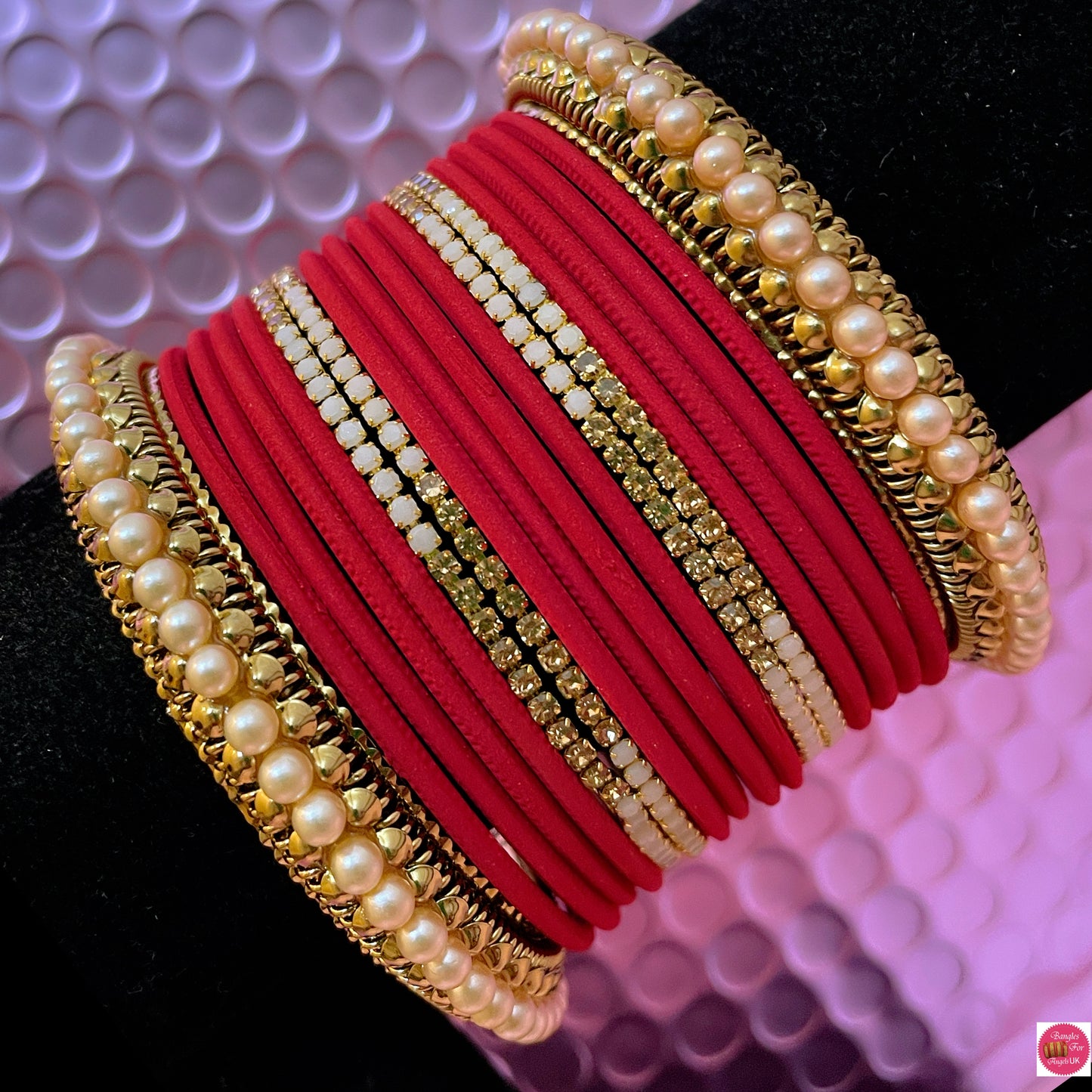 Pearl Zirconia Metal Bangles Set- Red