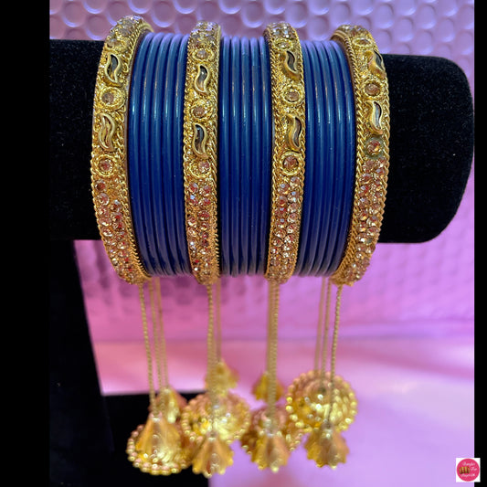 Gold Hanging Metal Bangle Set- Navy Blue