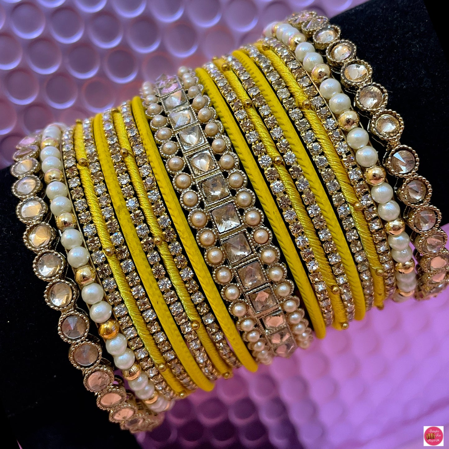 Kundan Pearl Zirconia Thread Bangles Set- Yellow