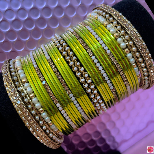 Pearl Zirconia Metal Bangles Set- Lime/Mehendi Green