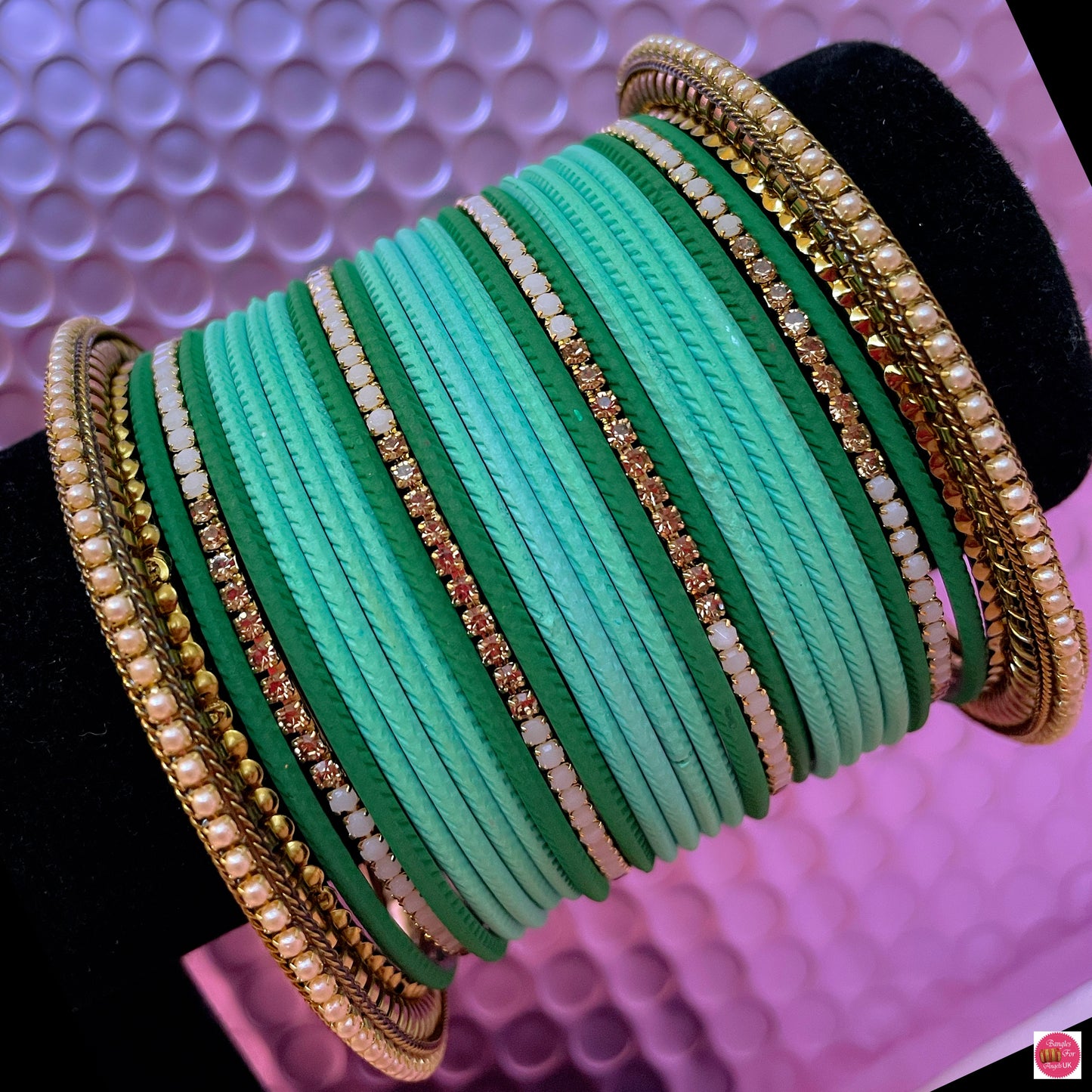 Gold Metal Zirconia Bangle Set- Mint/Green