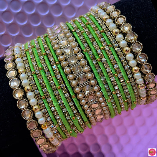 Pearl Kundan Zirconia Thread Bangles Set- Parrot Green