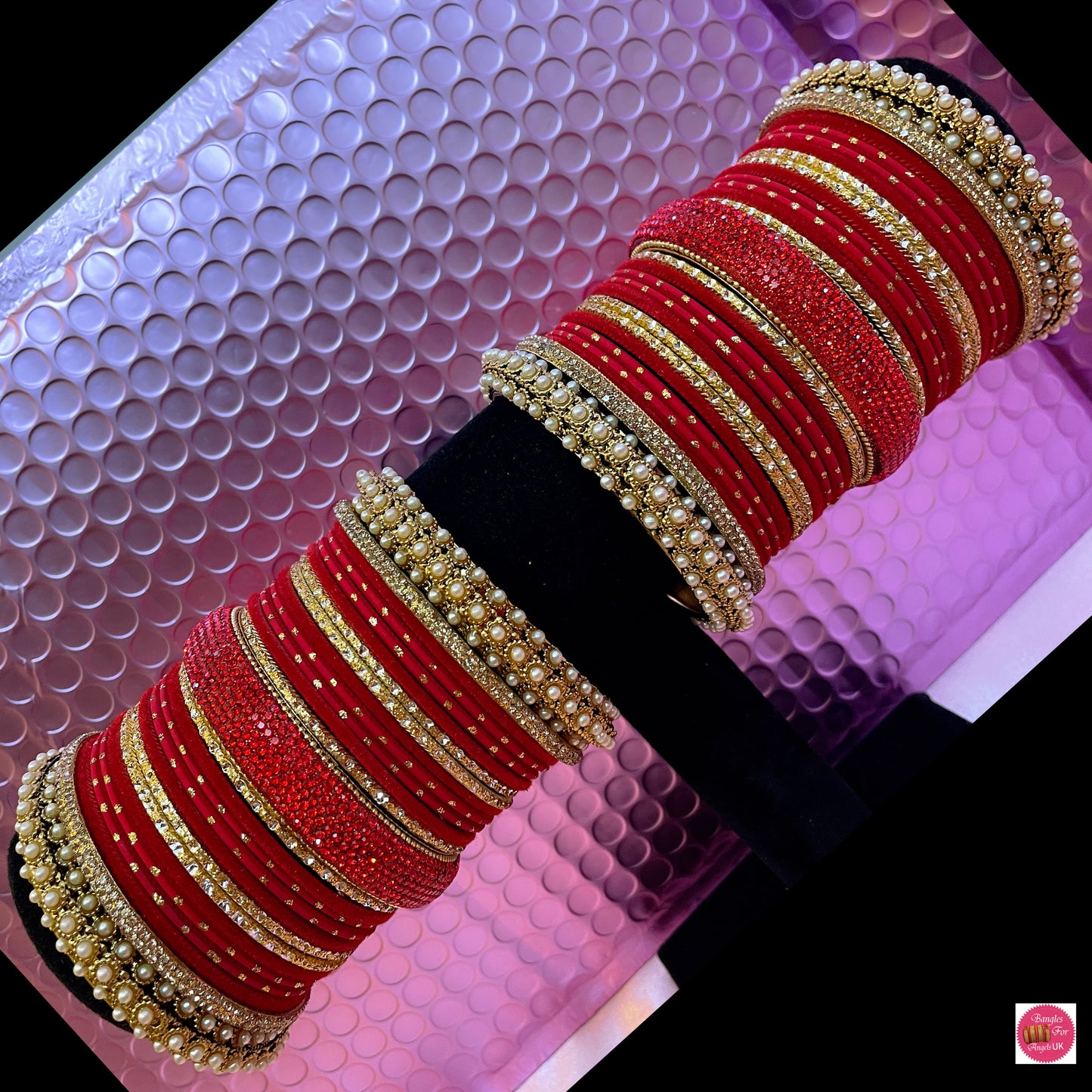 Pearl Zirconia Velvet Metal Bangles Set- Red