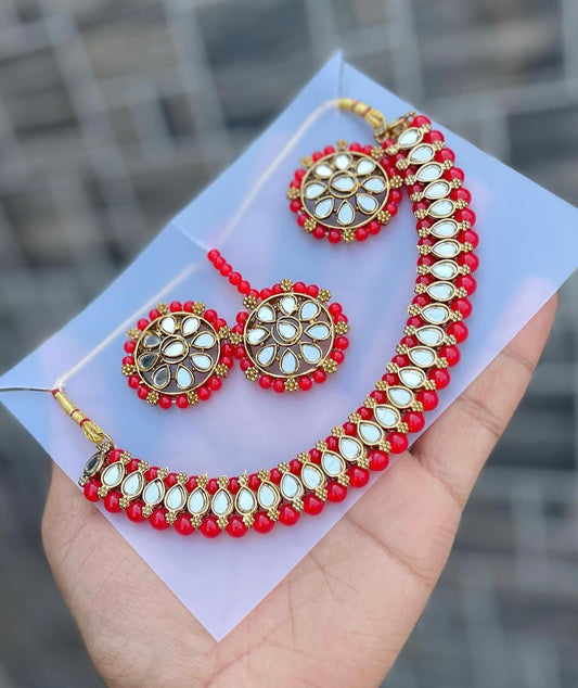 Premium Quality Mirror Choker, Earings & Maang Tikka Set- Red