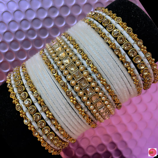 Pearl Kundan Velvet Metal Bangles Set- White