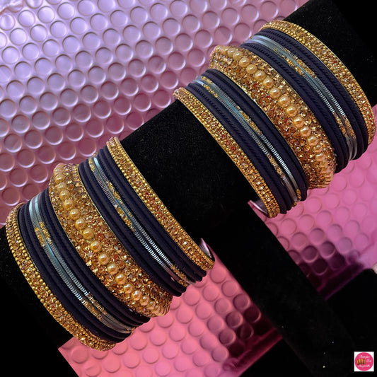 Gold Metal Bangle Set- Navy Blue/Grey