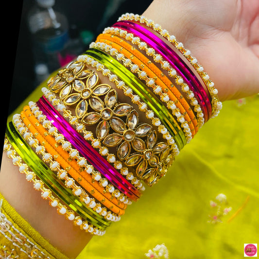 Multicoloured Kundan Pearl Metal Bangles Set