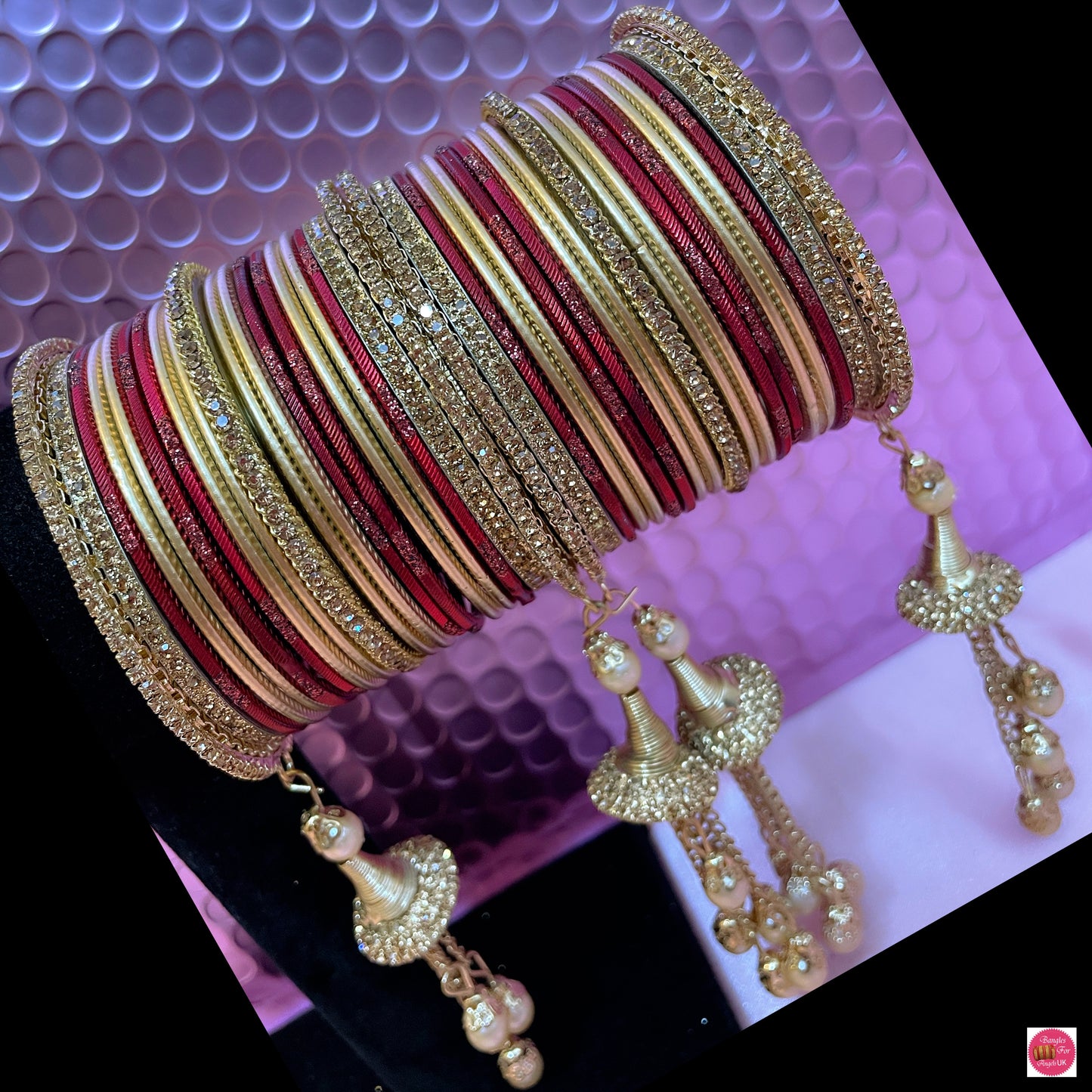 Gold Zirconia Pearl Hanging Metal Bangles Set- Maroon