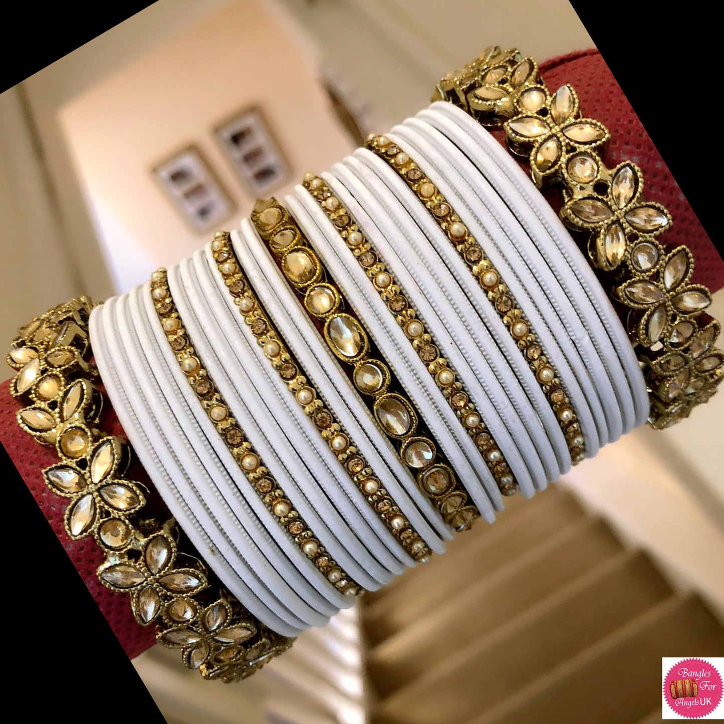 Kundan Metal Bangles Set- White