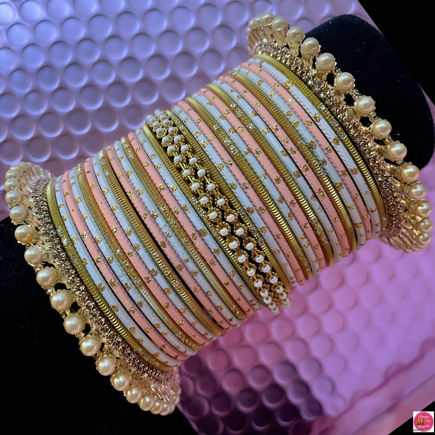 Pearl Zirconia Metal Bangles Set- Peach