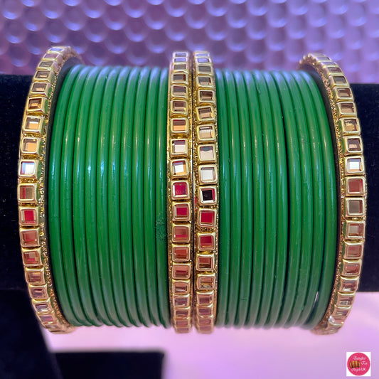 Kundan Metal Bangle Set- Green