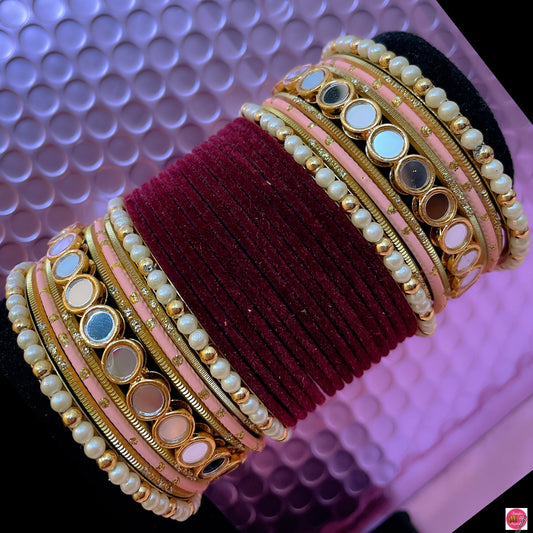 Pearl Mirror Metal Bangles Set- Velvet Maroon