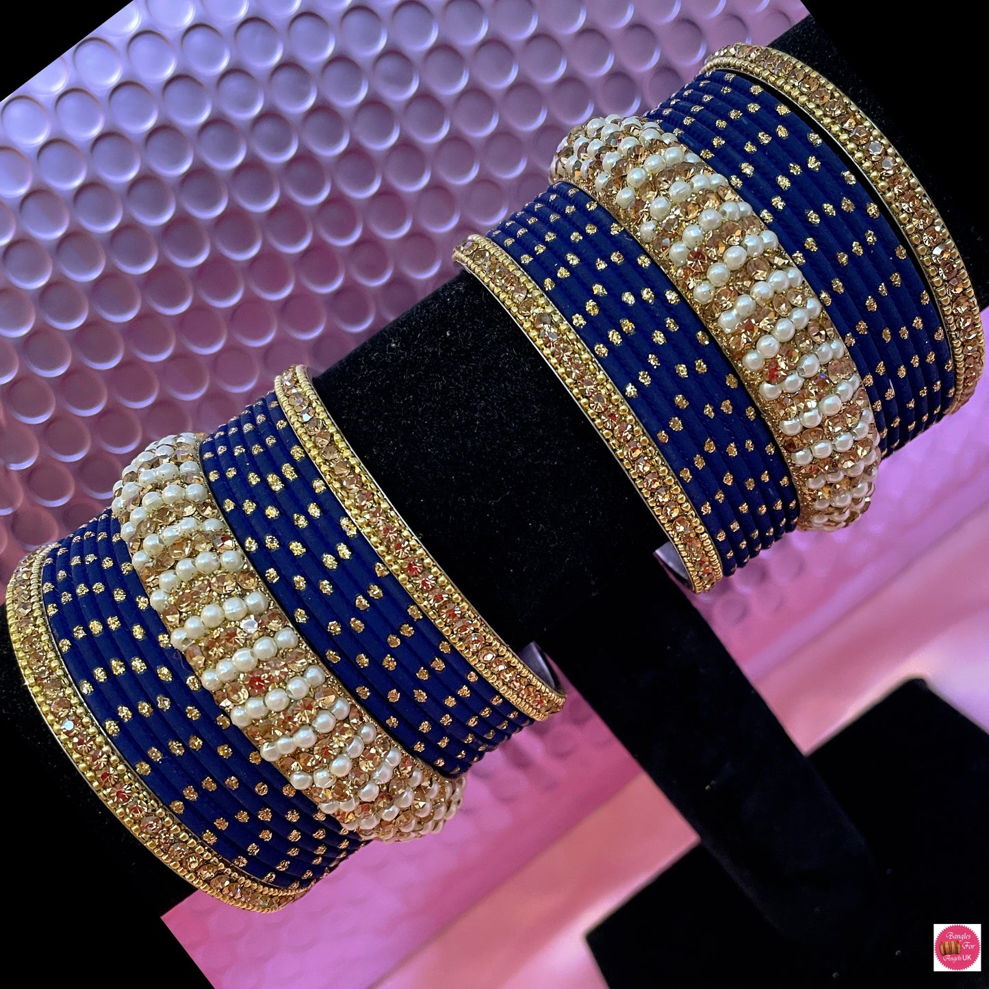 Gold Pearl Metal Bangle Set- Navy Blue