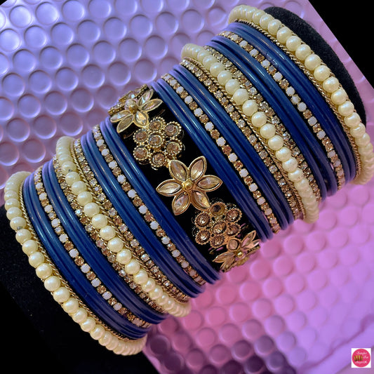 Kundan Pearl Metal Bangles Set- Navy Blue