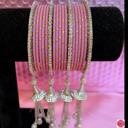 Silver Zirconia Hanging Metal Bangle Set- Purple