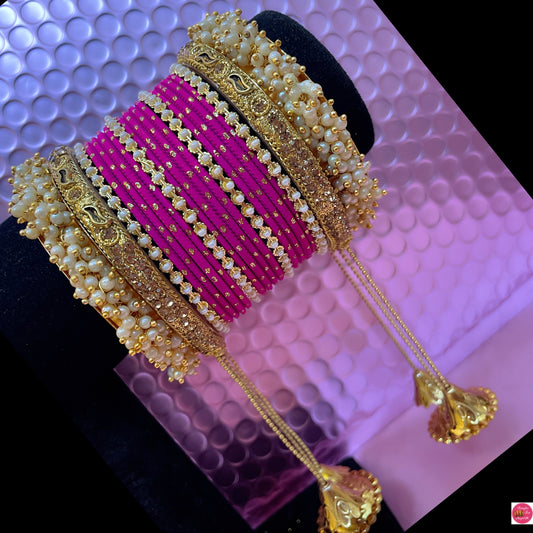 Pearl Metal Hanging Bangles Set- Hot Pink