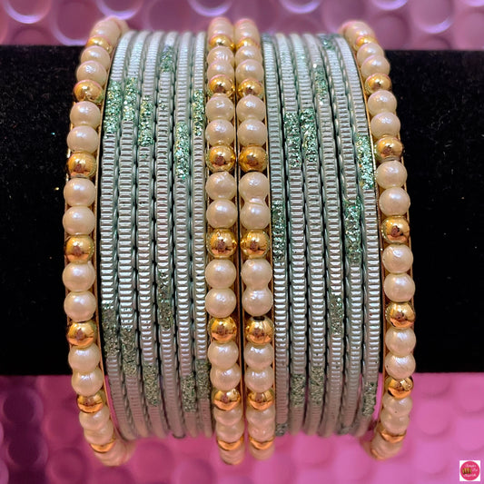 Pearl Metal Bangles Set- Mint Green