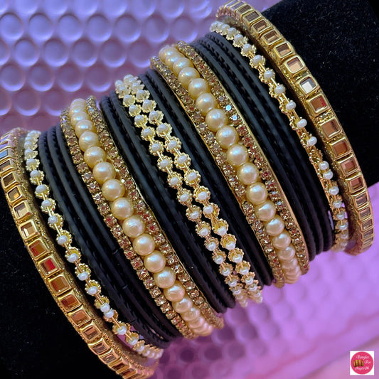 Kundan Pearl Metal Bangle Set- Black