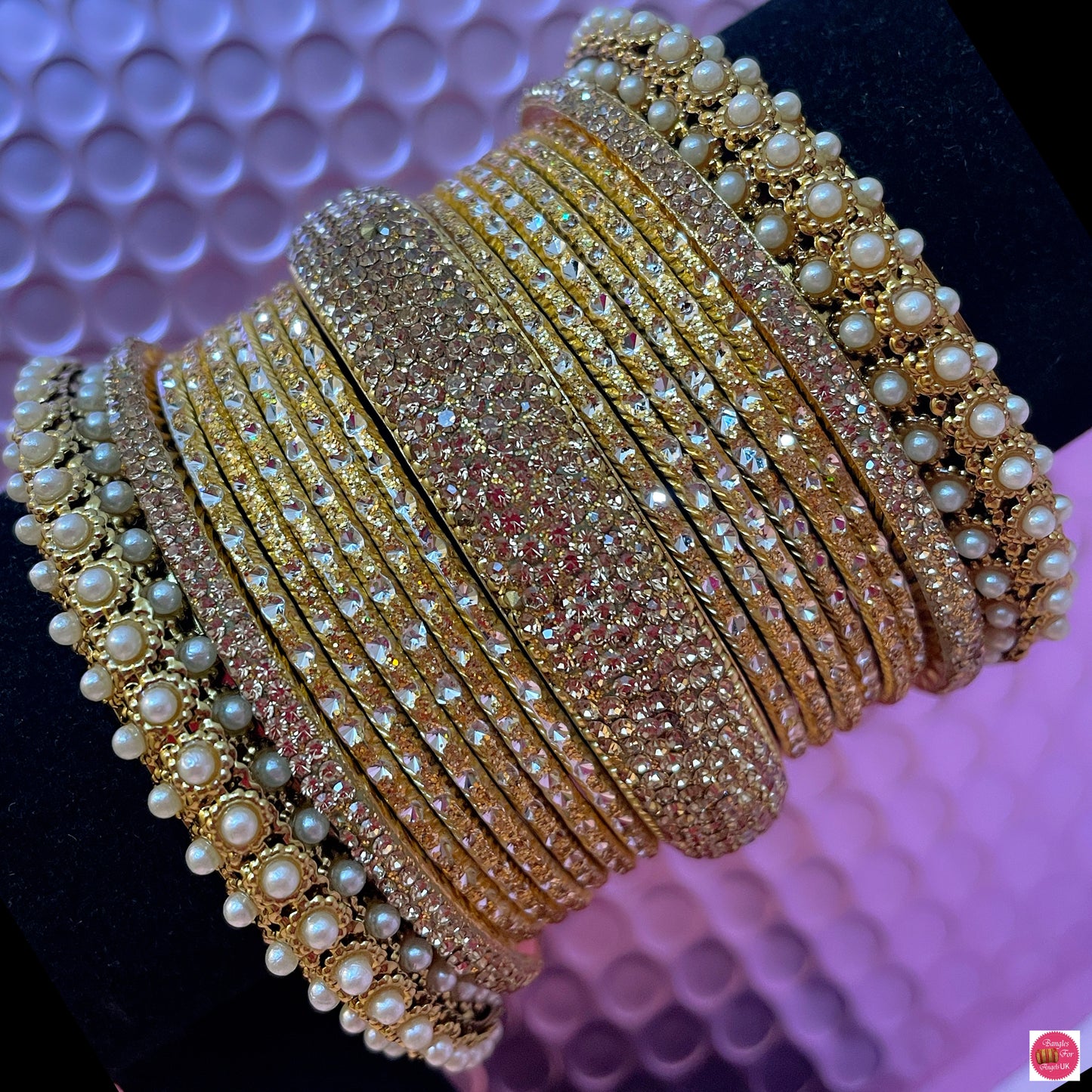 Pearl Zirconia Gold Metal Bangles Set