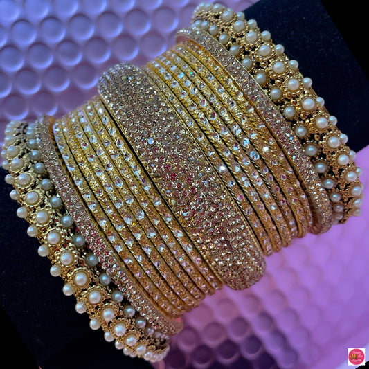 Pearl Zirconia Gold Metal Bangles Set