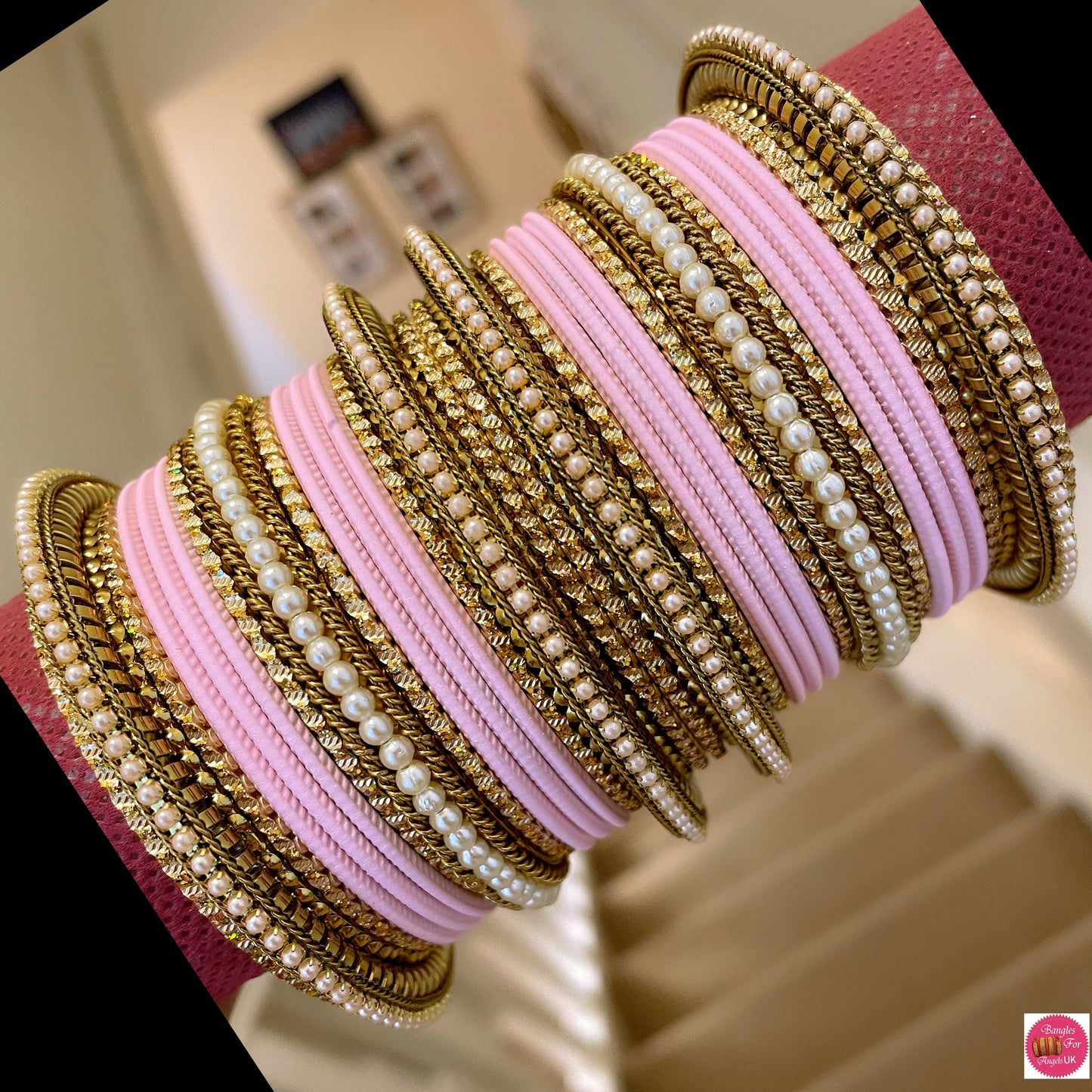 Pearl Metal Bangle Set- Light Pink