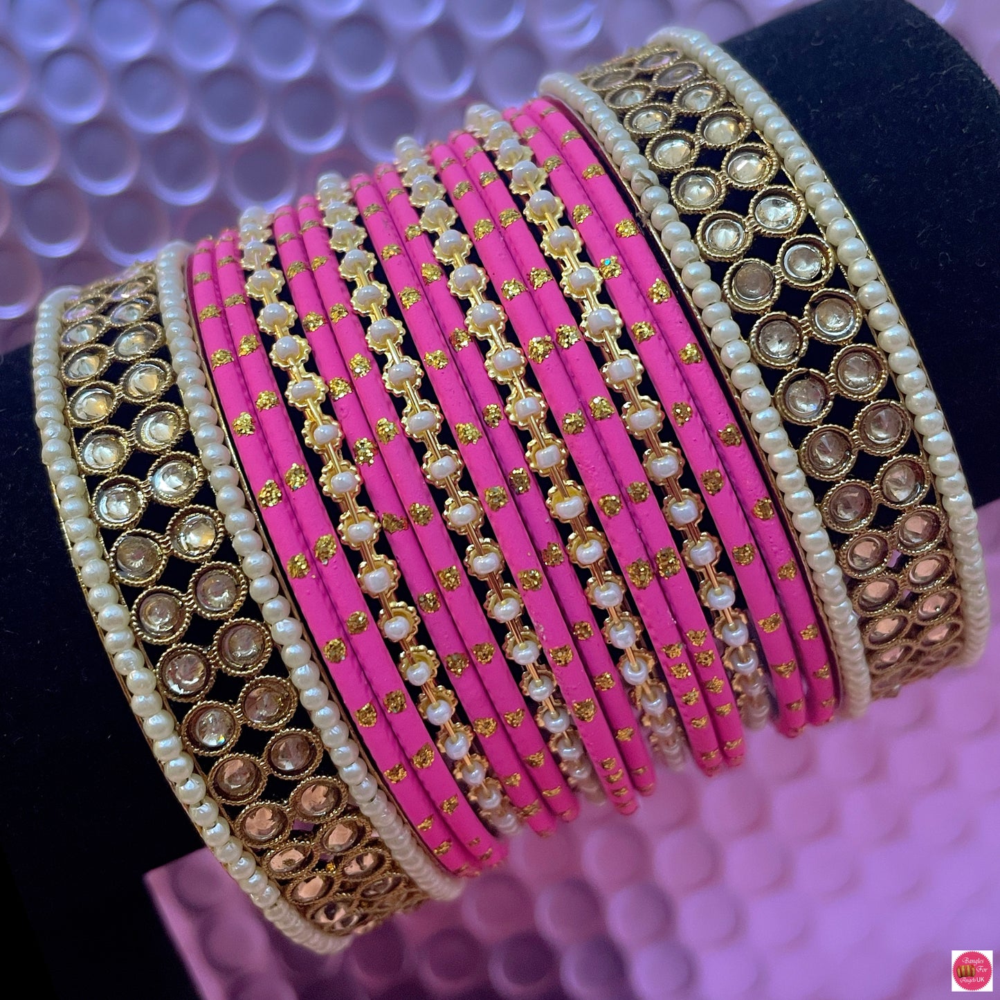 Kundan Pearl Metal Bangles Set- Pink