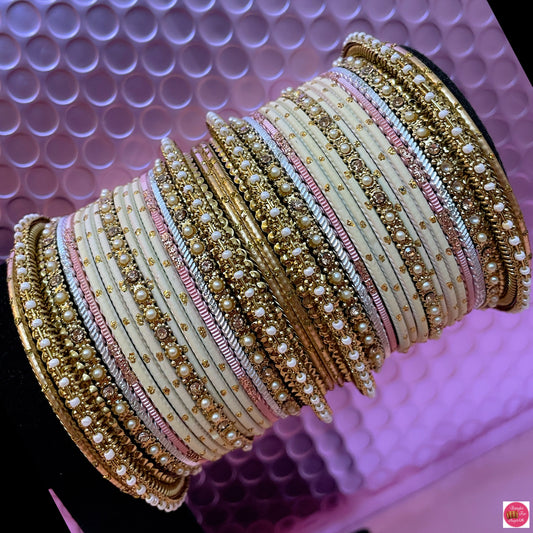 Pearl Gold & Cream Metal Bangles Set