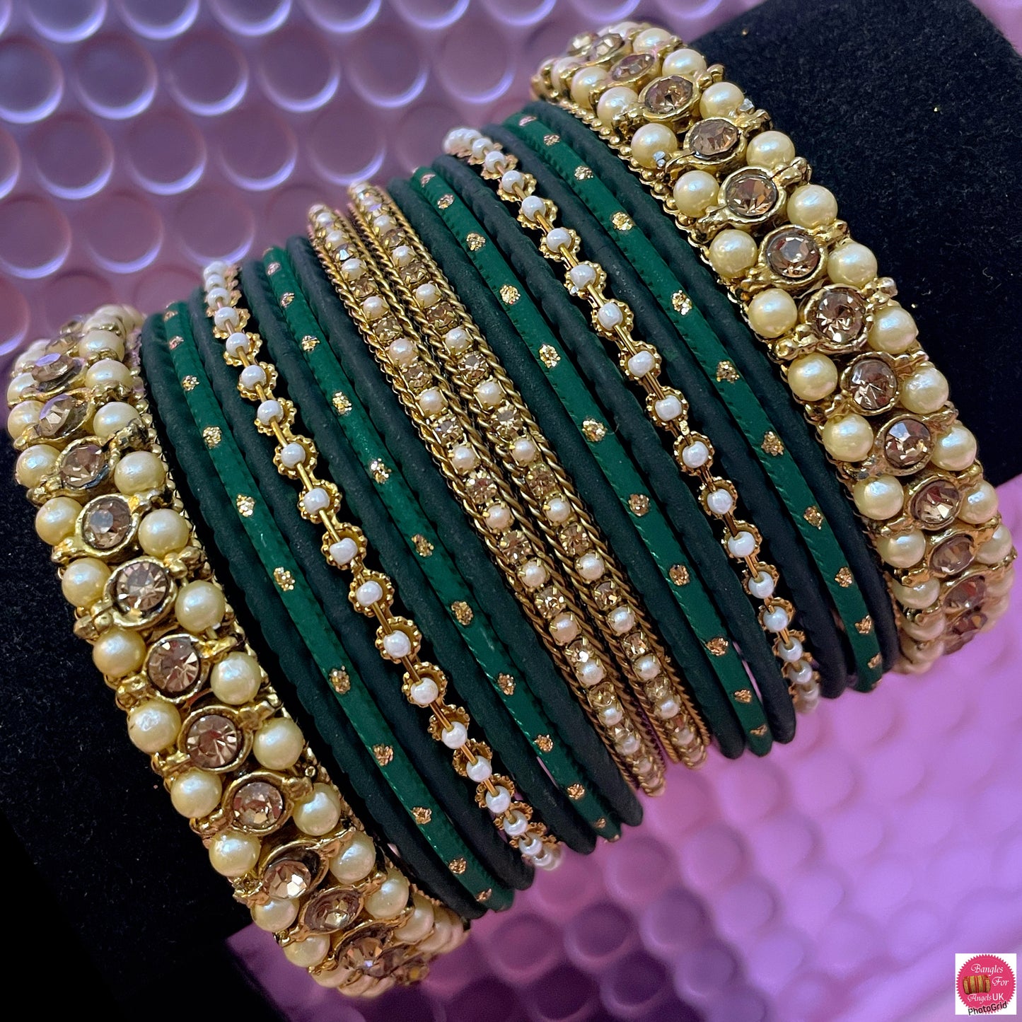 Gold Pearl Metal Bangles Set- Green