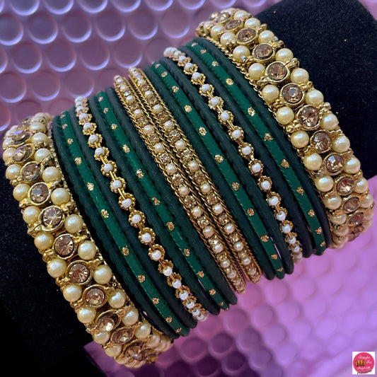 Gold Pearl Metal Bangles Set- Green