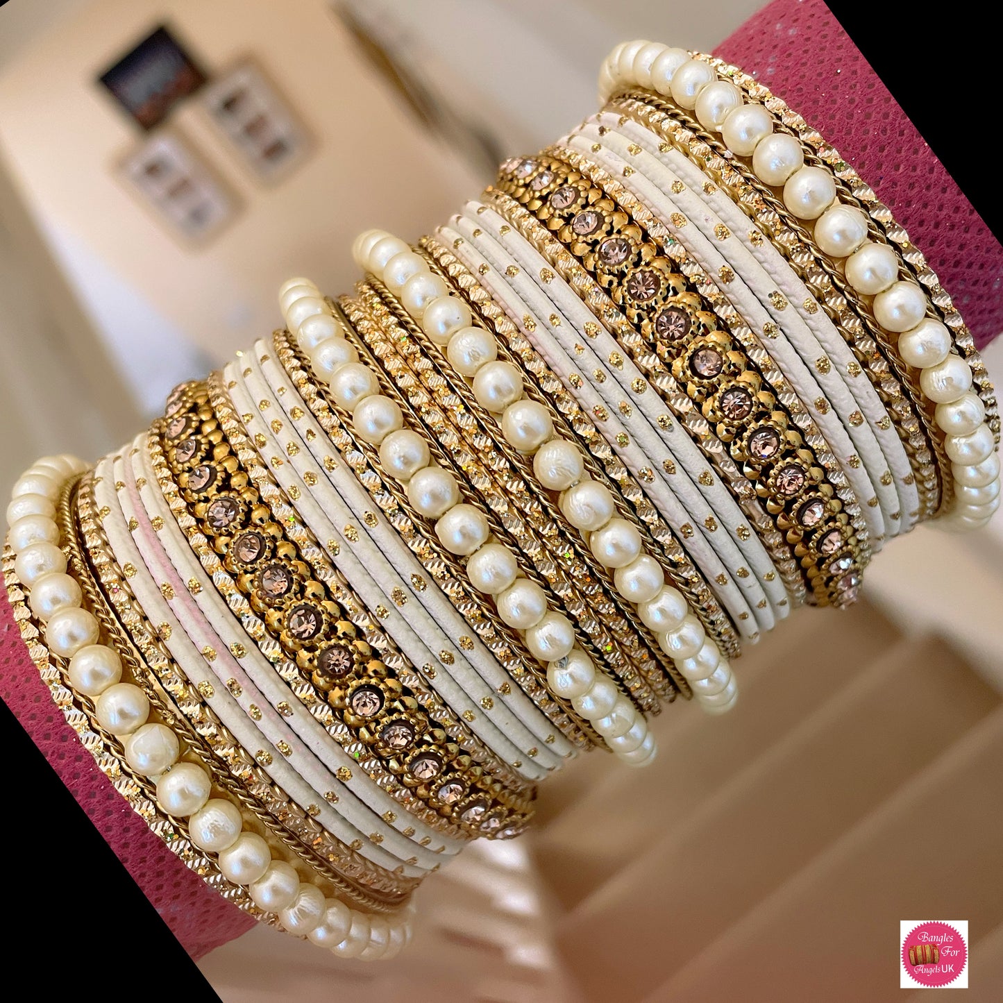 Pearl Metal Bangle Set- White