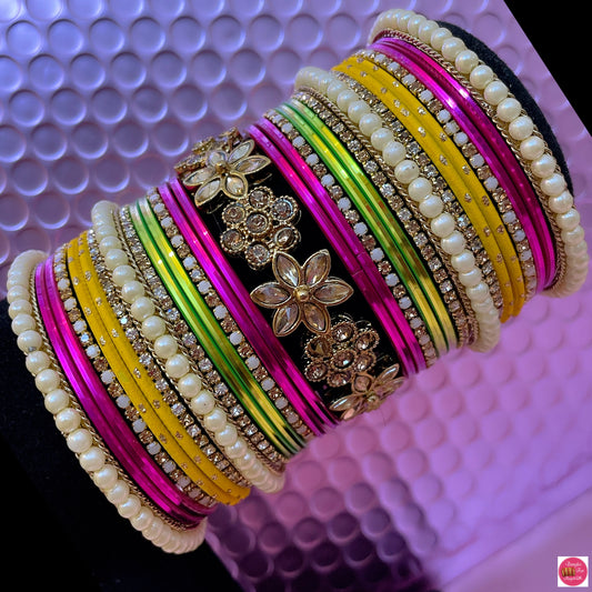 Multicoloured Kundan Pearl Metal Bangles Set