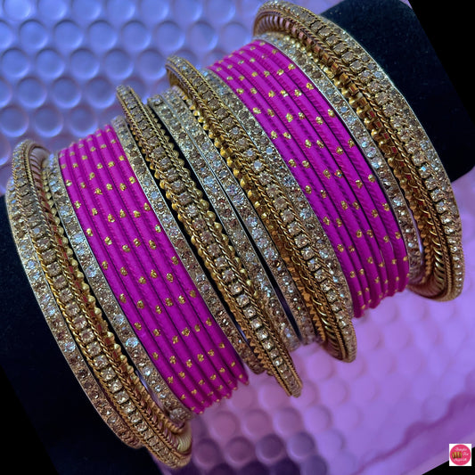 Gold Zirconia Hot Pink Metal Bangles Set- Size 2.10