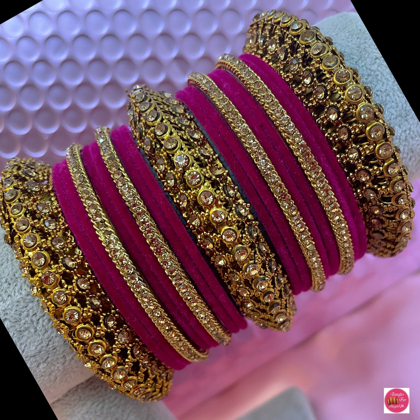 Antique Gold Bangle Set- Velvet Hot Pink