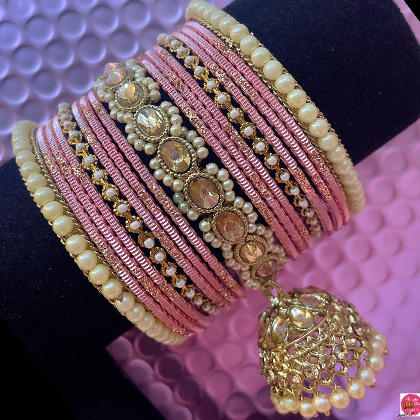 Polki Pearl Metal Bangles Set- Tuscany Pink