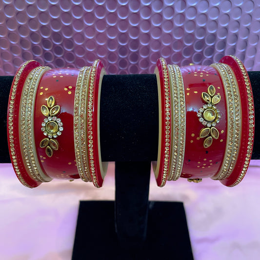 Red & Gold Kundan Diamante Chura Bangles Set
