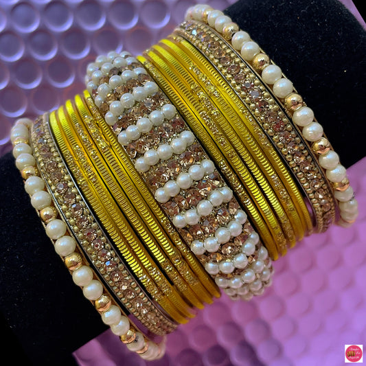 Pearl Metal Bangles Set- Yellow