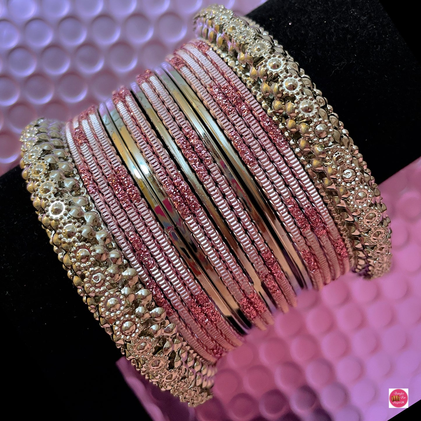 Silver Metal Bangles Set- Light Pink