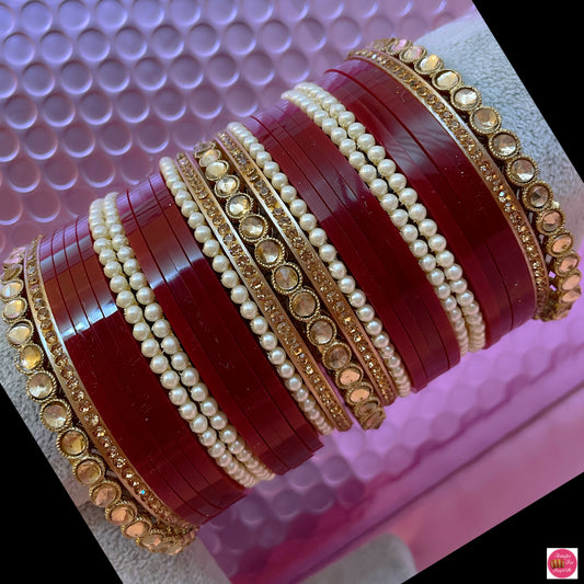 Kundan Pearl Bridal Punjabi Chura- Maroon