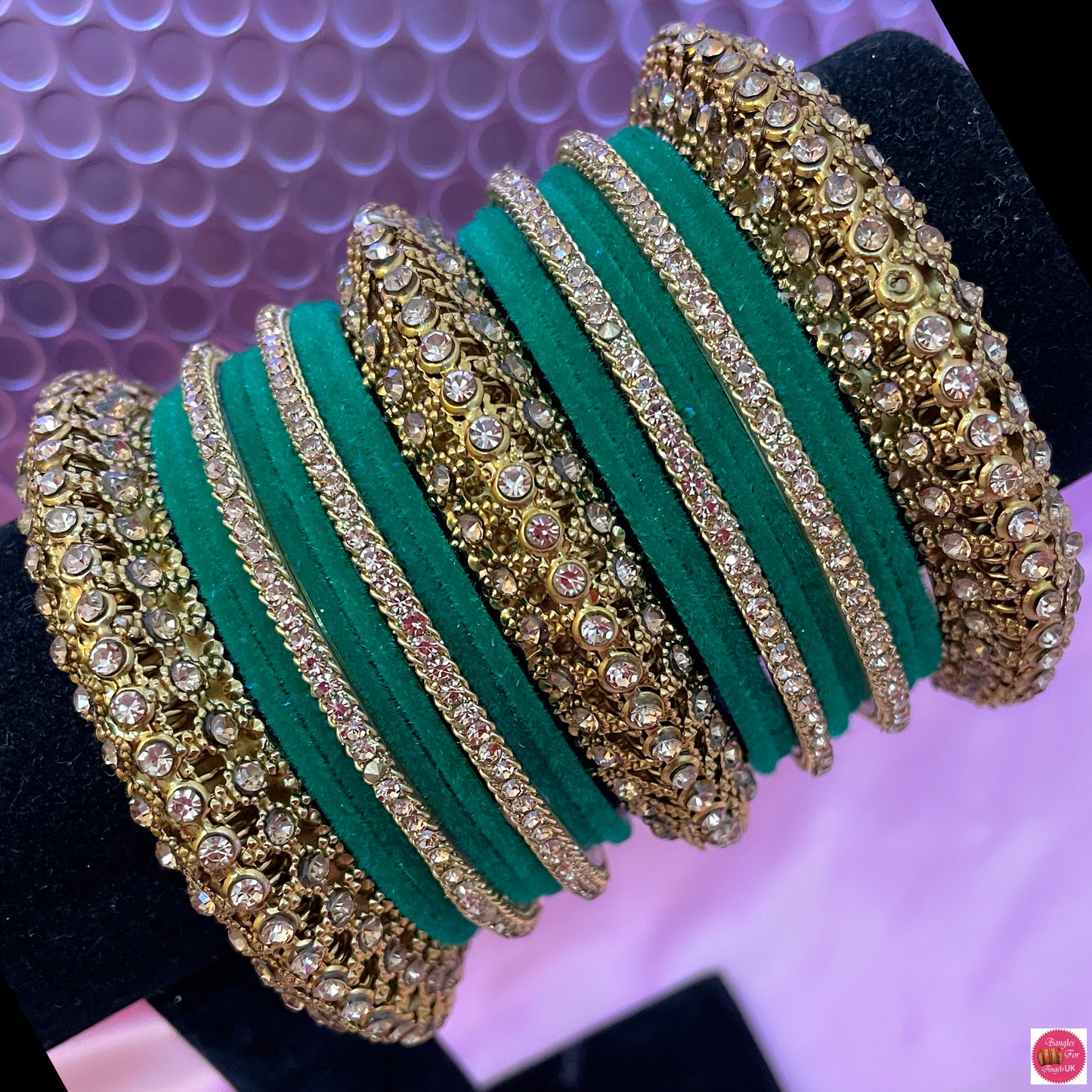 Antique Gold Bangle Set- Velvet Green