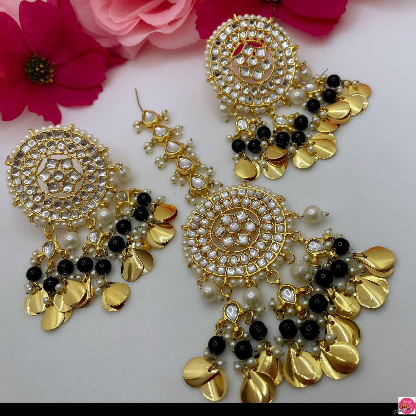 Pachhi Kundan Earings & Maang Tikka Set- Black