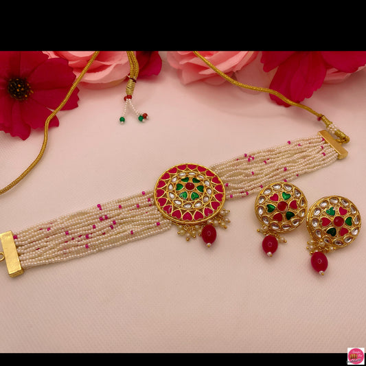 Pearl Kundan Choker, Earings Set- Hot Pink/Raani