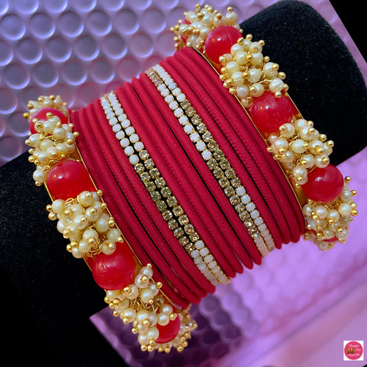 Red & Gold Pearl Zirconia Metal Bangles Set