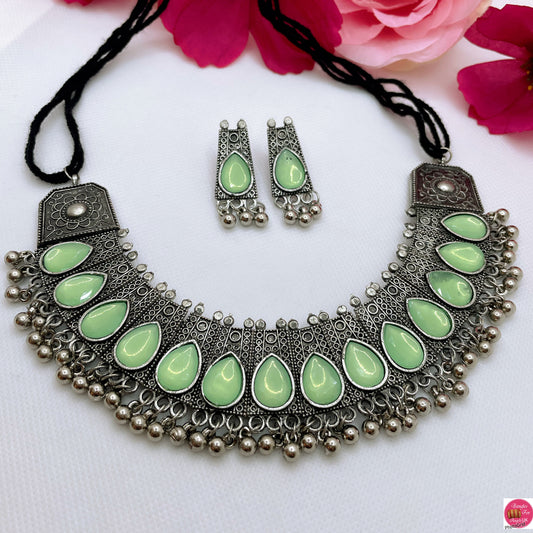 Oxidised Necklace & Earings Set- Mint Green