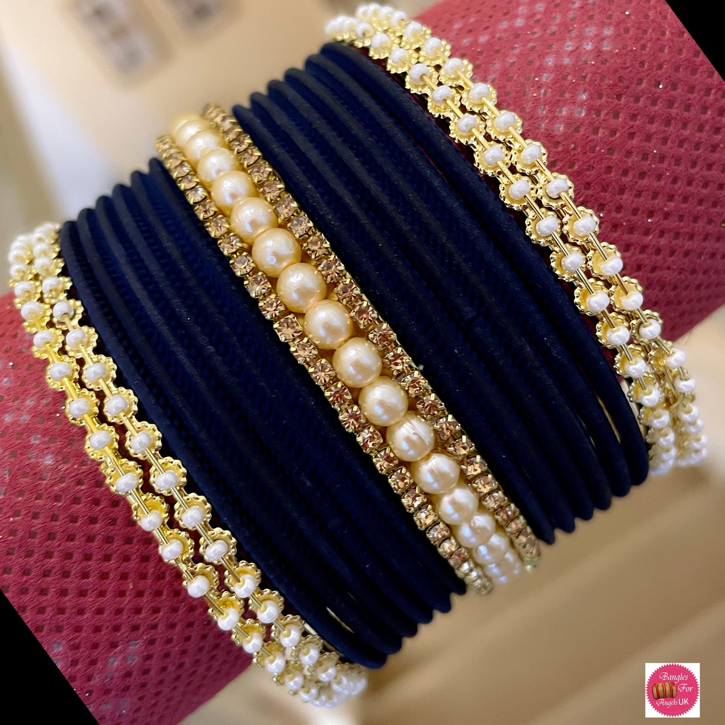 Pearl Zirconia Metal Bangle Set- Navy Blue