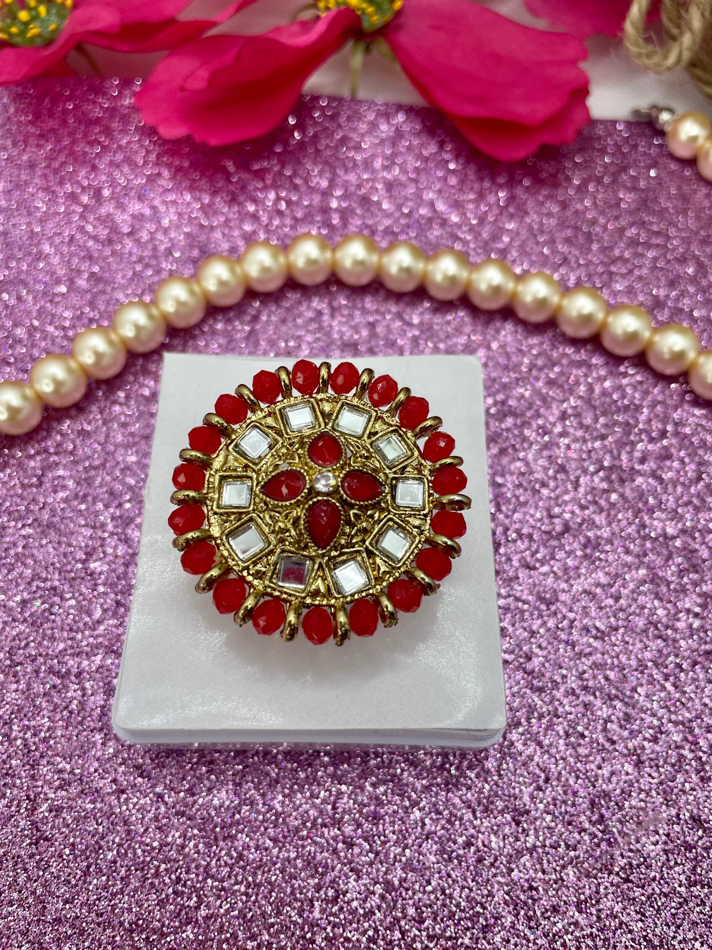 Kundan Adjustable Statement Ring- Red